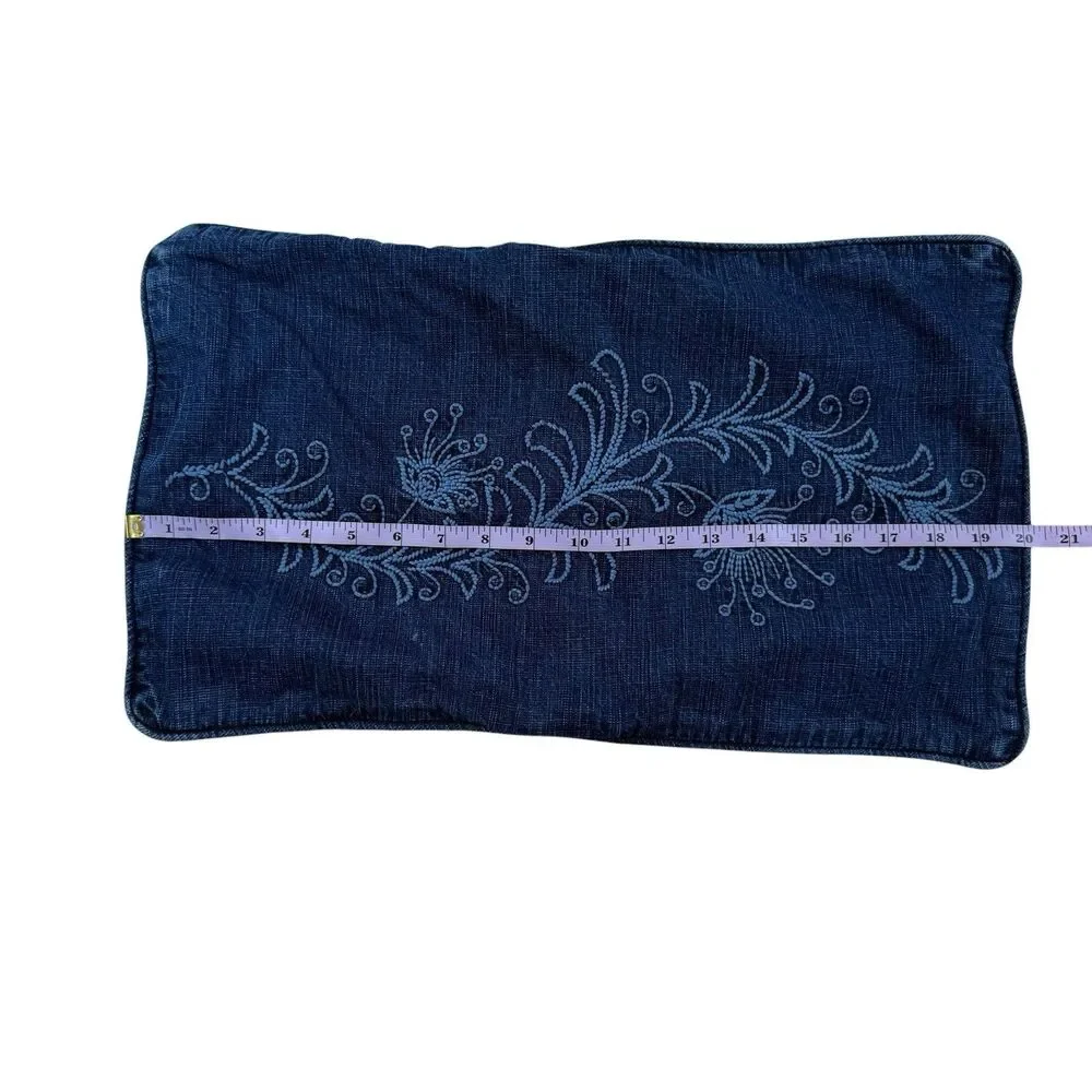 Pottery Barn Lumbar Pillow Cover Sham Cotton Denim Jean Embroidered 12x20 Blue